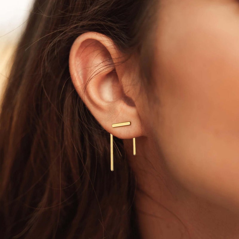 LOYATA Ear Jacket Earrings Gold Stud Bar Thread 14K Gold Plated Dainty Small Simple Hypoallergenic Geometric Jewelry Gift for Women - Image 3